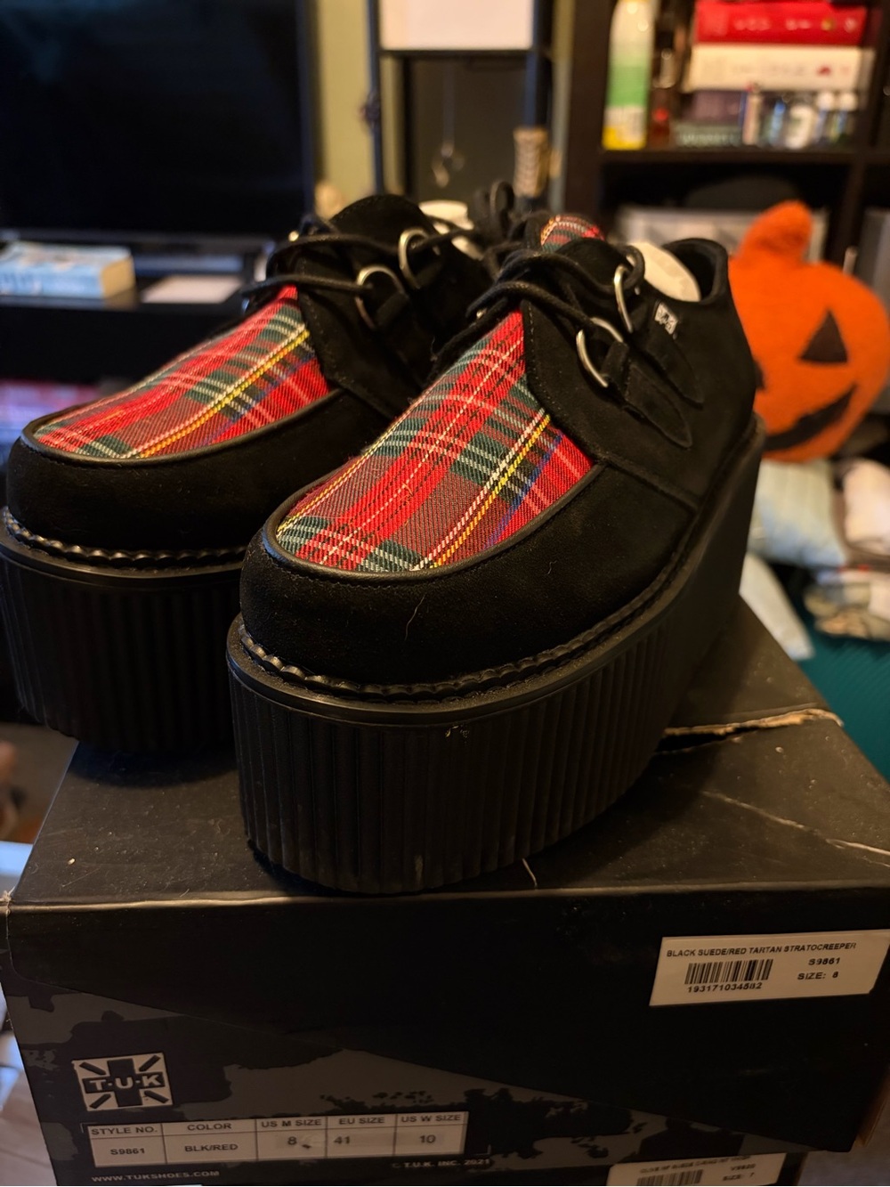 T.U.K Black Suede Platform Creepers with Red Tartan